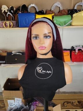 Hair Display Burgundy Straight Wig with Gray Headband - Unbranded Kiki Wig
